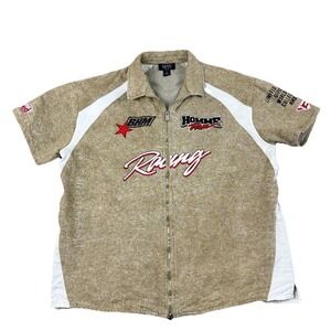 Men Y2K Motorsport Racing Zip Shirt Beige White Medium Graphic Streetwear Cotton